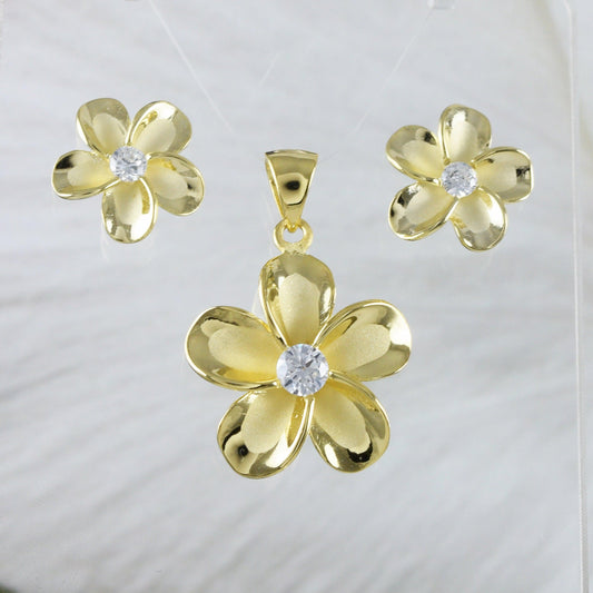 Beautiful Hawaiian Plumeria Earring and Necklace, Sterling Silver Yellow-Gold Plated Plumeria Flower CZ Pendant, N8855S Birthday Mom Gift - Hawaii Treasures Shop