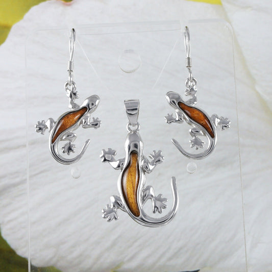 Unique Beautiful Hawaiian Genuine Koa Wood Gecko Earring and Necklace, Sterling Silver Koa Wood Gecko Pendant, N8864S Birthday Mom Gift - Hawaii Treasures Shop