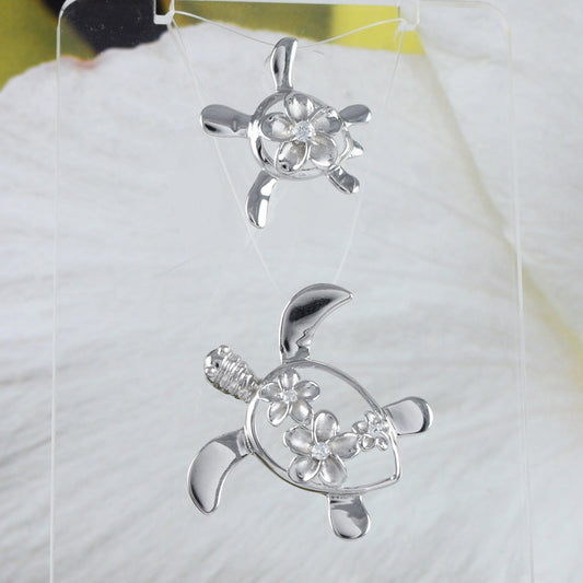 Unique Mother Daughter Matching Hawaiian Sea Turtle Necklace, Sterling Silver Turtle Plumeria CZ Pendant, N7022 Big Little Sister - Hawaii Treasures Shop
