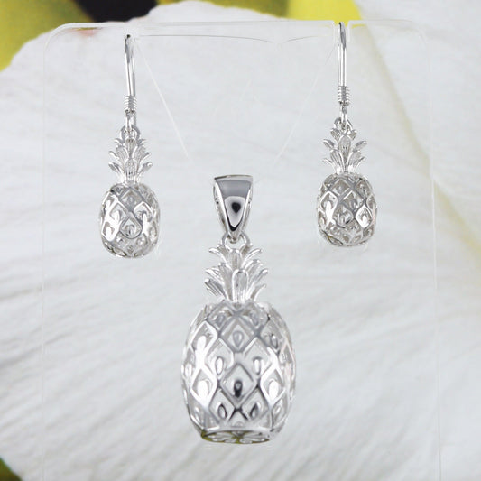 Beautiful Hawaiian Large 3D Pineapple Earring and Necklace, Sterling Silver 3D Pineapple Pendant, N6131S1 Birthday Mother Wife Mom Gift - Hawaii Treasures Shop