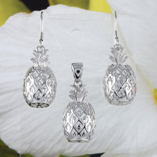 Beautiful Hawaiian Large 3D Pineapple Earring and Necklace, Sterling Silver 3D Pineapple Pendant, N6131S3 Birthday Mother Wife Mom Gift - Hawaii Treasures Shop