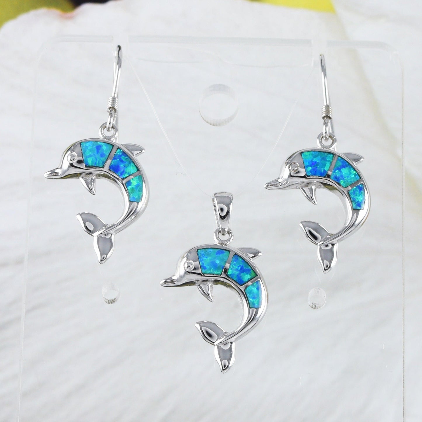 Pretty Hawaiian Blue Opal Dolphin Necklace and Earring, Sterling Silver Blue Opal Dolphin Pendant, N2025S2 Birthday Mother Mom Girl Gift - Hawaii Treasures Shop