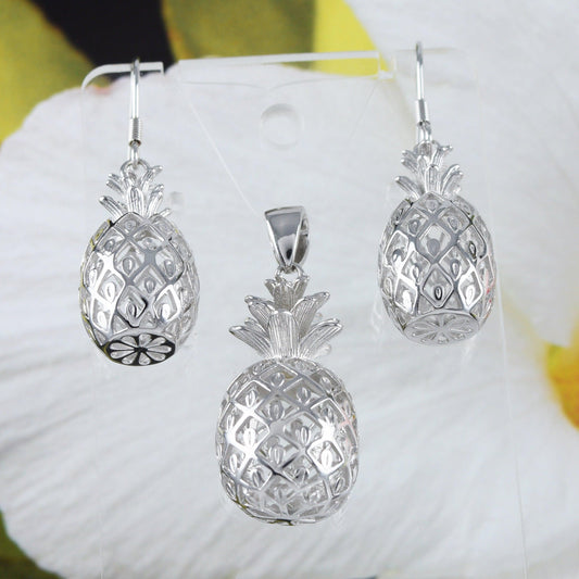 Gorgeous Hawaiian X-Large 3D Pineapple Earring and Necklace, Sterling Silver Pineapple Pendant, N6132S3 Birthday Mom Mother Gift - Hawaii Treasures Shop