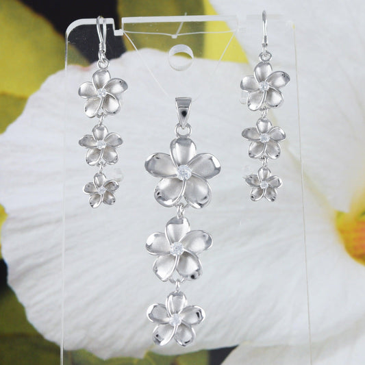 Gorgeous Hawaiian Large 3 Plumeria Necklace and Earring, Past Present & Future, Sterling Silver 3 Plumeria Flower CZ Pendant N6138S1 - Hawaii Treasures Shop