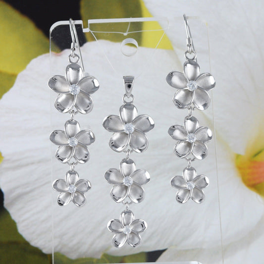 Gorgeous Hawaiian Large 3 Plumeria Necklace and Earring, Past Present & Future, Sterling Silver 3 Plumeria Flower CZ Pendant N6138S2 - Hawaii Treasures Shop