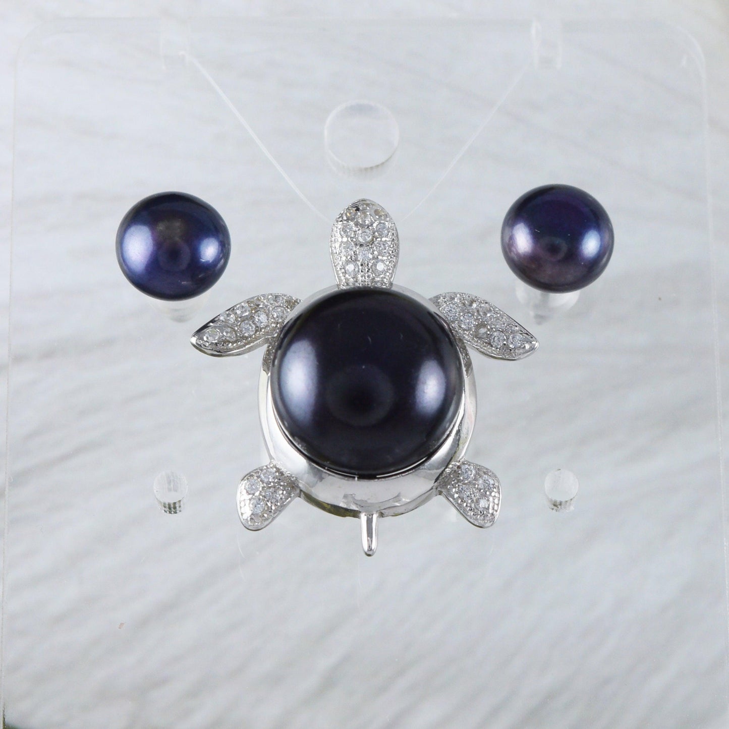 Unique Hawaiian Genuine Black Pearl Sea Turtle Earring and Necklace, Sterling Silver Black Pearl Turtle CZ Pendant, N8868S1 Birthday Gift - Hawaii Treasures Shop