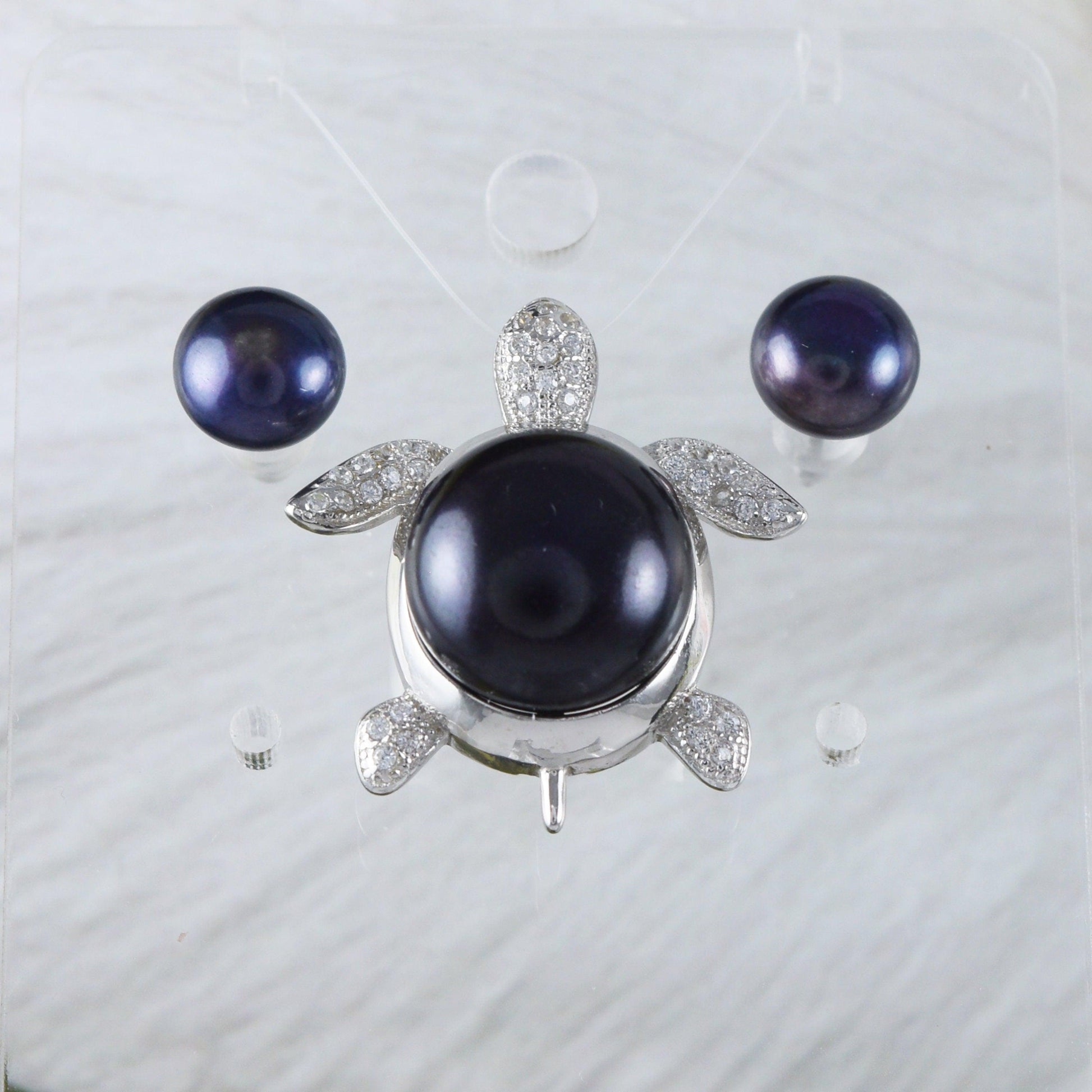 Unique Hawaiian Genuine Black Pearl Sea Turtle Earring and Necklace, Sterling Silver Black Pearl Turtle CZ Pendant, N8868S1 Birthday Gift - Hawaii Treasures Shop