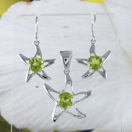Beautiful Hawaiian Genuine Peridot Starfish Earring and Necklace, Sterling Silver Starfish Pendant, N8879S Birthday Mother Mom Gift - Hawaii Treasures Shop