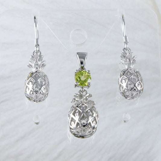 Beautiful Hawaiian Genuine Peridot 3D Pineapple Earring and Necklace, Sterling Silver Peridot Pineapple Pendant, N8885S1 Birthday Mom Gift - Hawaii Treasures Shop