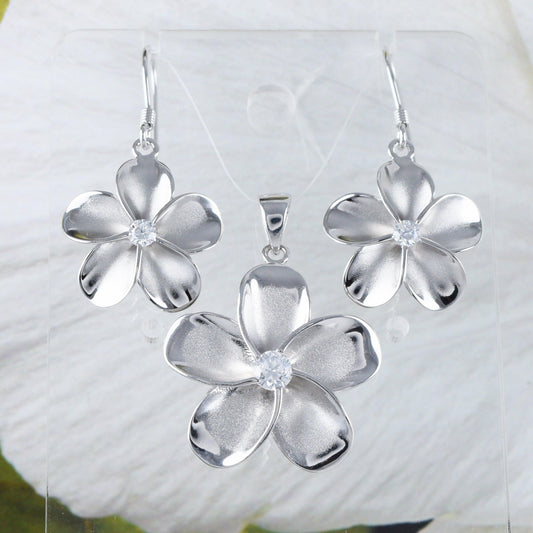 Beautiful Hawaiian Large Plumeria Earring and Necklace, Sterling Silver Plumeria Flower CZ Pendant, N6001S Birthday Mom Wife Gift - Hawaii Treasures Shop