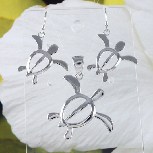 Beautiful Hawaiian Large Sea Turtle Earring and Necklace, Sterling Silver Turtle Petroglyph Pendant N6128S Birthday Mother Mom Gift - Hawaii Treasures Shop