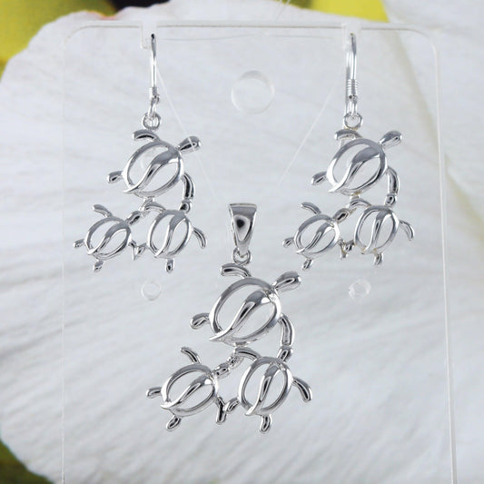 Beautiful Mom & 2 Baby Sea Turtle Earring and Necklace, Sterling Silver Hawaiian Sea Turtle Pendant, N6026S Birthday Mother Mom Gift - Hawaii Treasures Shop