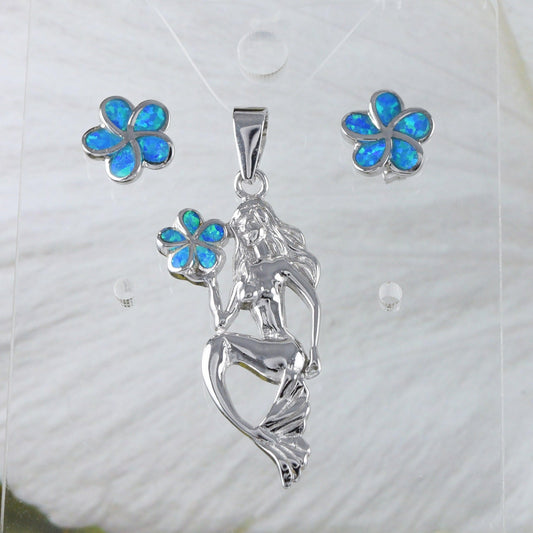 Unique Beautiful Large Hawaiian Mermaid Earring and Necklace, Sterling Silver Blue Opal Plumeria Mermaid Pendant, N9303S Birthday Mom Gift - Hawaii Treasures Shop
