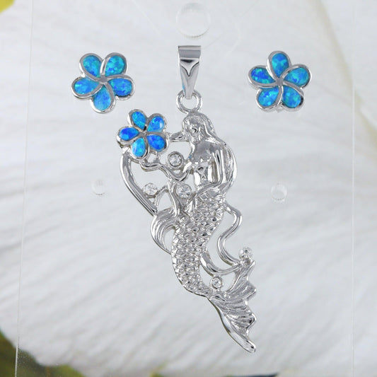 Unique Stunning Large Hawaiian Mermaid Earring and Necklace, Sterling Silver Blue Opal Plumeria Mermaid CZ Pendant, N9304S Birthday Mom Gift - Hawaii Treasures Shop