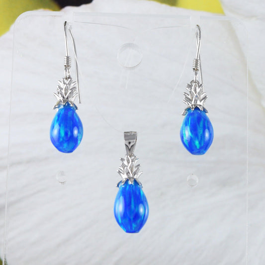Unique Beautiful Hawaiian 3D Blue Opal Pineapple Earring and Necklace, Sterling Silver Blue Opal Pineapple Pendant, N9311S Birthday Mom Gift - Hawaii Treasures Shop
