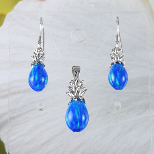 Unique Beautiful Hawaiian 3D Blue Opal Pineapple Earring and Necklace, Sterling Silver Blue Opal Pineapple Pendant, N9312S Birthday Mom Gift - Hawaii Treasures Shop