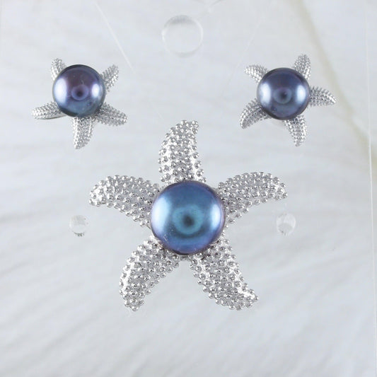 Unique Stunning Hawaiian Genuine Black Pearl Starfish Earring and Necklace, Sterling Silver Starfish Pendant, N9324S Birthday Mom Gift - Hawaii Treasures Shop