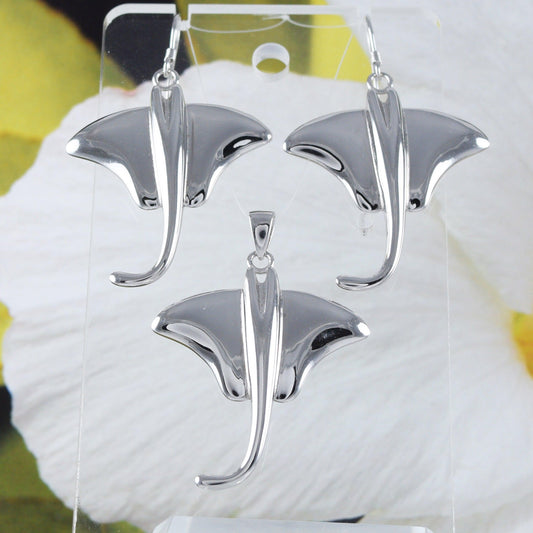 Unique Beautiful Hawaiian Large Stingray Earring and Necklace, Sterling Silver Sting Ray Pendant, N6110S1 Birthday Mother Wife Mom Gift - Hawaii Treasures Shop