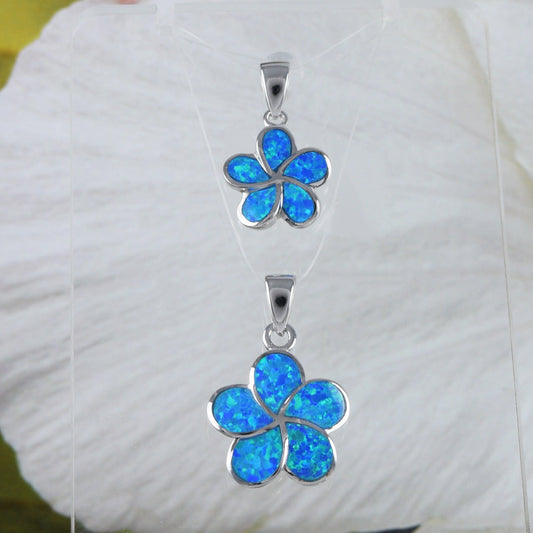 Mother Daughter Hawaiian Blue Opal Plumeria Necklace, Sterling Silver Blue Opal Plumeria Pendant, N7016 Big Little Sister Matching Necklace - Hawaii Treasures Shop