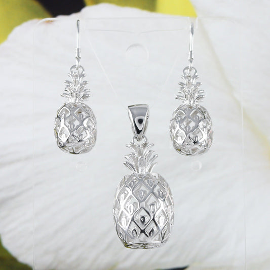 Beautiful Hawaiian Large 3D Pineapple Earring and Necklace, Sterling Silver 3D Pineapple Pendant, N6131S2 Birthday Mother Wife Mom Gift - Hawaii Treasures Shop