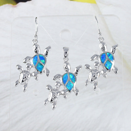 Beautiful Hawaiian Mom & Baby Sea Turtle Necklace and Earring, Sterling Silver Blue Opal Turtle Pendant N6157S1 Birthday Mother Mom Gift - Hawaii Treasures Shop