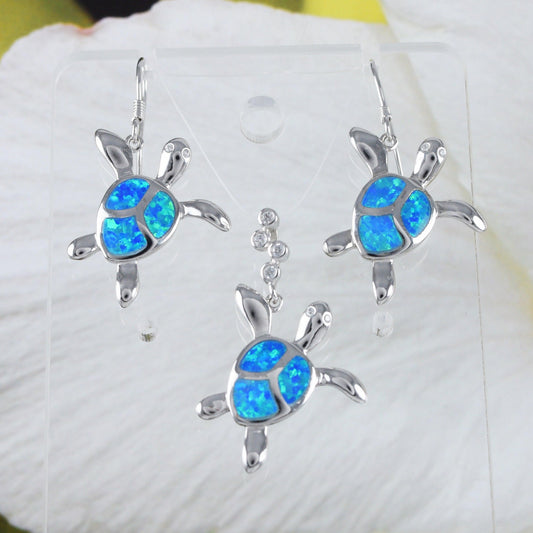 Beautiful Hawaiian Opal Sea Turtle Necklace and Earring, Sterling Silver Blue Opal Turtle CZ Pendant, N6158S1 Birthday Mother Mom Gift - Hawaii Treasures Shop