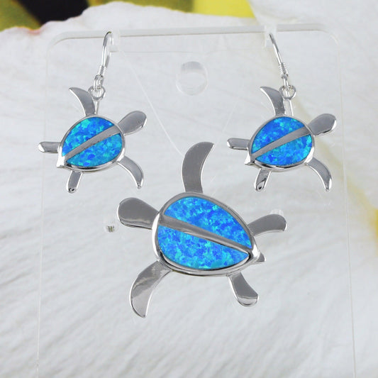 Gorgeous Hawaiian Large Blue Opal Sea Turtle Earring and Necklace, Sterling Silver Opal Turtle Pendant, N6024S1 Birthday Mother Mom Gift - Hawaii Treasures Shop