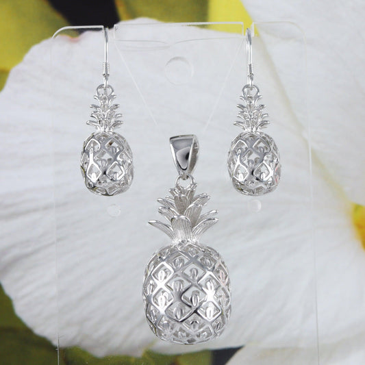 Gorgeous Hawaiian X-Large 3D Pineapple Earring and Necklace, Sterling Silver Pineapple Pendant, N6132S2 Birthday Mom Mother Gift - Hawaii Treasures Shop