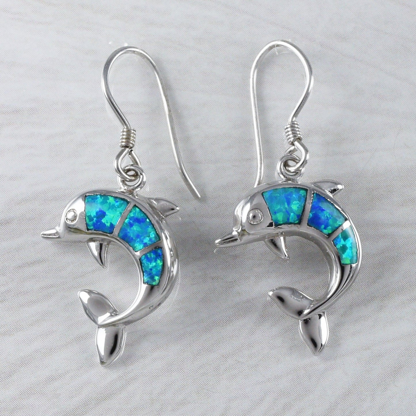 Pretty Hawaiian Blue Opal Dolphin Necklace and Earring, Sterling Silver Blue Opal Dolphin Pendant, N2025S2 Birthday Mother Mom Girl Gift - Hawaii Treasures Shop