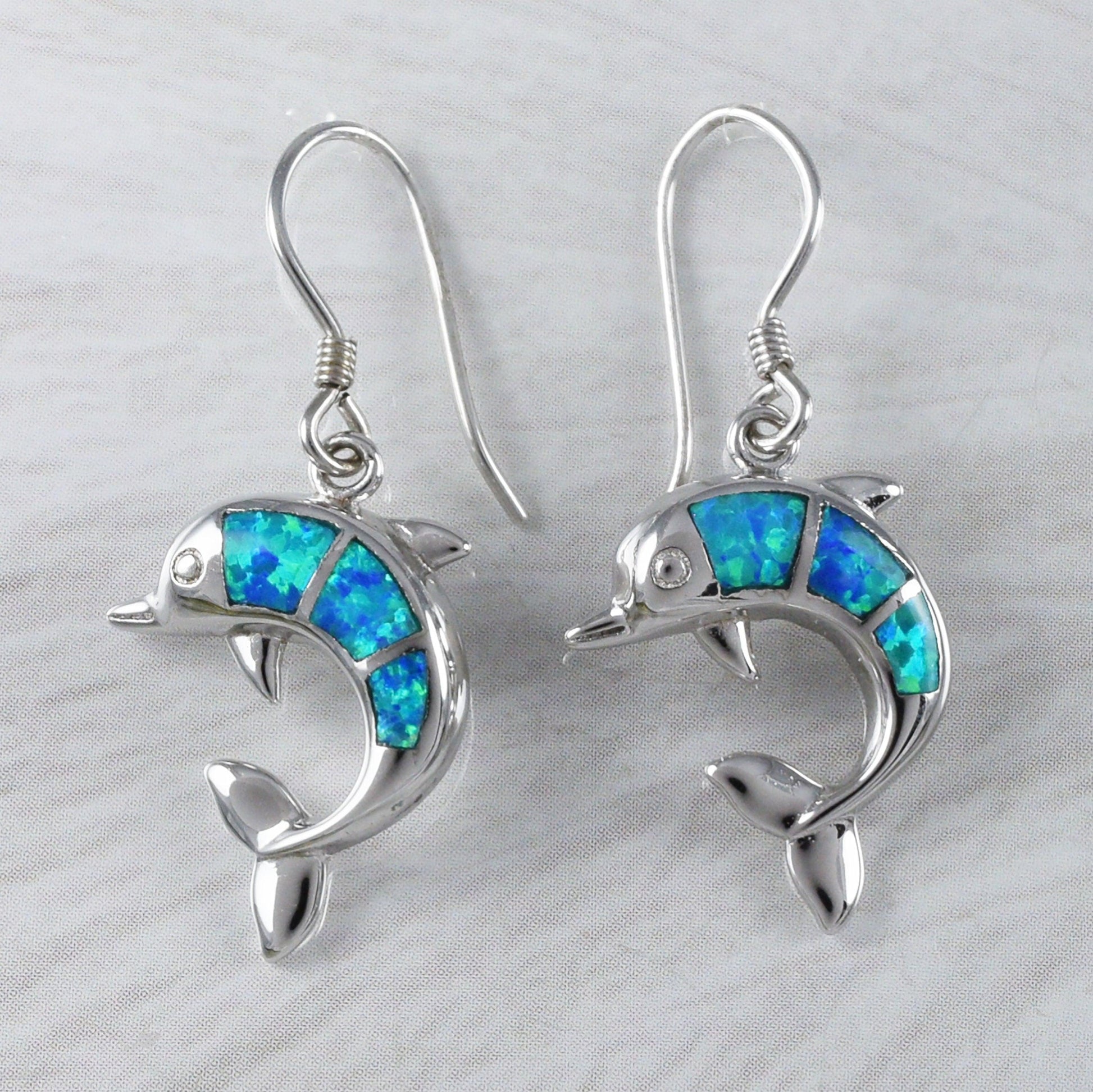 Pretty Hawaiian Blue Opal Dolphin Necklace and Earring, Sterling Silver Blue Opal Dolphin Pendant, N2025S2 Birthday Mother Mom Girl Gift - Hawaii Treasures Shop
