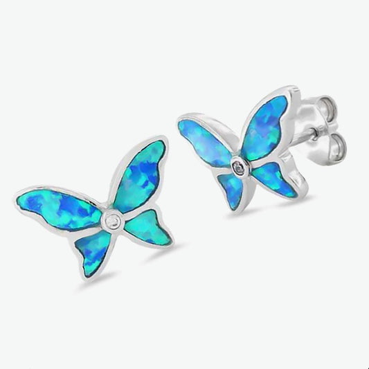 Unique Beautiful Hawaiian Blue Opal Butterfly Earring, Sterling Silver Blue Opal Butterfly CZ Stud Earring E8145 Mother Birthday Mom Gift - Hawaii Treasures Shop