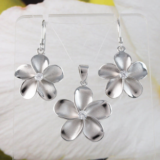 Beautiful Hawaiian Plumeria Necklace and Earring, Sterling Silver Plumeria Flower CZ Pendant, N2031H Birthday Mother Wife Mom Gift - Hawaii Treasures Shop