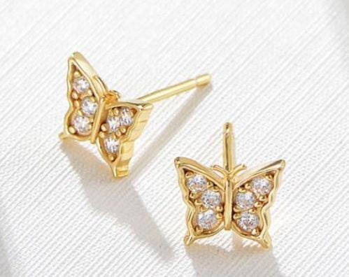 Unique Hawaiian Butterfly Earring, Sterling Silver Yellow-Gold Plated Butterfly CZ Stud Earring, E9510 Birthday Mom Wife Girl Gift - Hawaii Treasures Shop