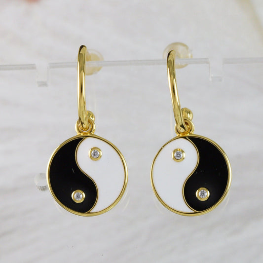 Unique Hawaiian Yin-Yang Earring, Sterling Silver Yellow-Gold Plated White & Black Enamel Yin-Yang CZ Dangle Earring E9504 Birthday Mom Gift - Hawaii Treasures Shop