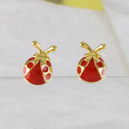 Unique Hawaiian Ladybug Earring, Sterling Silver Yellow-Gold Plated Red Enamel Lady Bug Stud Earring, E9502 Birthday Mom Mother Gift - Hawaii Treasures Shop