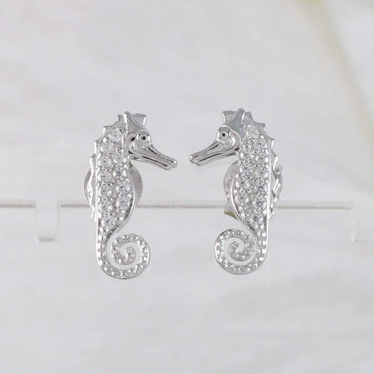 Unique Pretty Hawaiian Seahorse Earring, Sterling Silver Seahorse CZ Stud Earring, E9507 Birthday Wife Mom Girl Mother Gift - Hawaii Treasures Shop