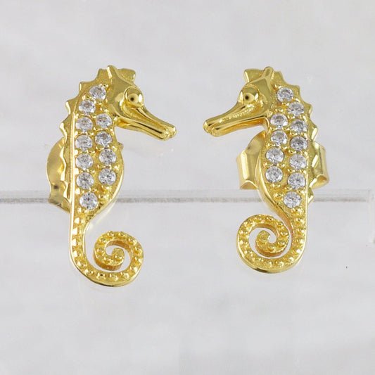 Unique Pretty Hawaiian Seahorse Earring, Sterling Silver Yellow-Gold Plated Seahorse CZ Stud Earring, E9508 Birthday Mom Mother Gift - Hawaii Treasures Shop