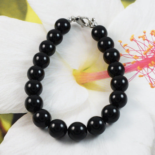 Unique Gorgeous Large Hawaiian Genuine Black Coral Bracelet, Stainless Steel Black Coral Round Beads Bracelet, B3357 Birthday Mother Gift - Hawaii Treasures Shop