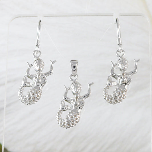 Unique Hawaiian Mermaid Necklace and Earring, Sterling Silver Dancing Mermaid Charm Pendant, N2008S Birthday Christmas Mom Girl Gift - Hawaii Treasures Shop