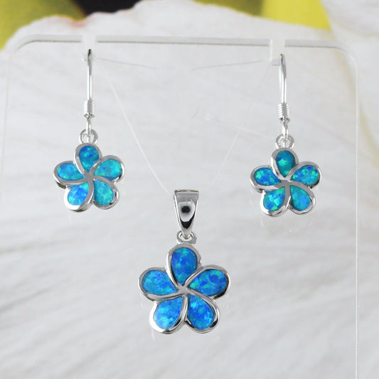 Pretty Hawaiian Blue Opal Plumeria Necklace and Earring, Sterling Silver Blue Opal Plumeria Flower Charm Pendant N2018S Birthday Mom Gift - Hawaii Treasures Shop