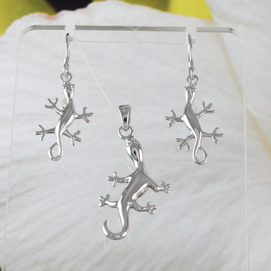 Unique Hawaiian Large Gecko Necklace and Earring, Sterling Silver Gecko Lizard Charm Pendant, N2020S Birthday Mother Wife Mom Gift - Hawaii Treasures Shop