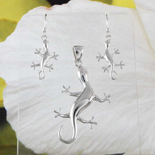 Stunning Hawaiian X-Large Gecko Necklace and Earring, Sterling Silver Gecko Pendant, N6119S Birthday Mother Wife Mom Gift, Statement PC - Hawaii Treasures Shop
