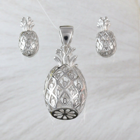 Beautiful Large Hawaiian Pineapple Necklace and Earring, Sterling Silver 3D Pineapple Pendant, N6131S Birthday Mother Wife Mom Gift - Hawaii Treasures Shop