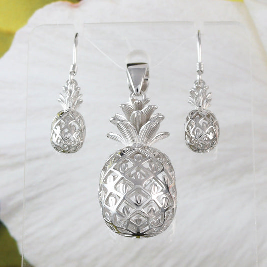 Gorgeous Hawaiian X-Large 3D Pineapple Earring and Necklace, Sterling Silver Pineapple Pendant, N6132S1 Birthday Mom Mother Gift - Hawaii Treasures Shop