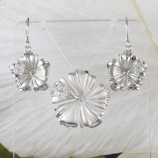 Beautiful Hawaiian Hibiscus Necklace and Earring, Official Hawaii State Flower, Sterling Silver Hibiscus CZ Pendant N6134S Birthday Mom Gift - Hawaii Treasures Shop
