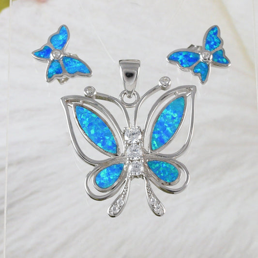 Gorgeous Hawaiian Large Blue Opal Butterfly Earring and Necklace, Sterling Silver Blue Opal Butterfly CZ Pendant N6148 Birthday Mom Gift - Hawaii Treasures Shop