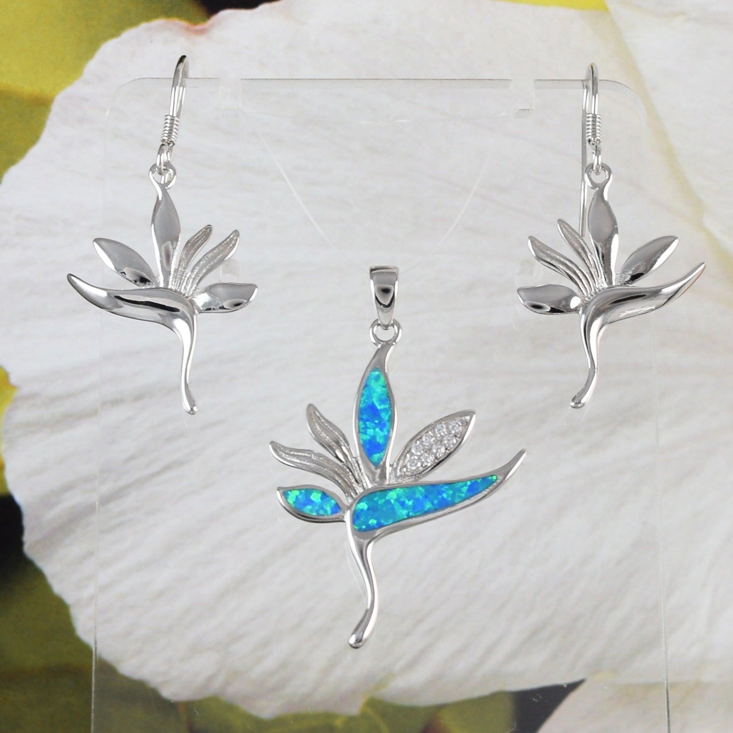 Stunning Hawaiian Bird of Paradise Necklace and Earring, Sterling Silver Blue Opal Bird of Paradise CZ Pendant, N6156S Birthday Mom Gift - Hawaii Treasures Shop