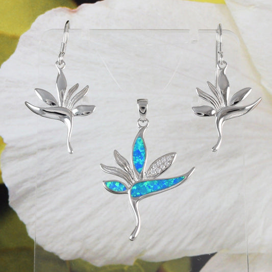 Stunning Hawaiian Bird of Paradise Necklace and Earring, Sterling Silver Blue Opal Bird of Paradise CZ Pendant, N6156S Birthday Mom Gift - Hawaii Treasures Shop