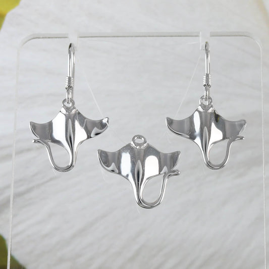 Unique Hawaiian Manta Ray Necklace and Earring, Sterling Silver 3D Manta Ray Charm Pendant, N2009S Birthday Mother Mom Gift - Hawaii Treasures Shop