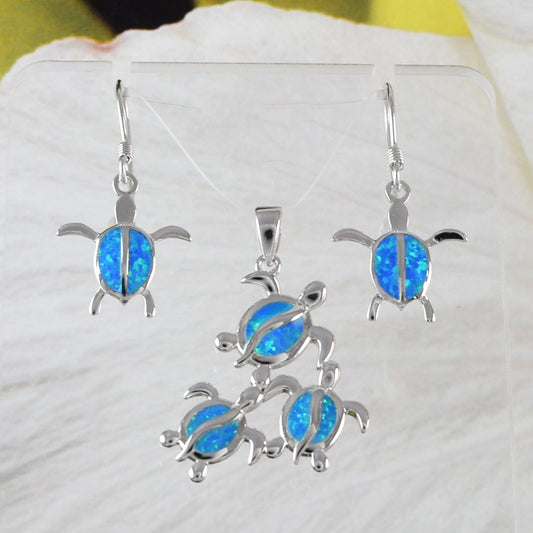 Beautiful Hawaiian Mom & 2 Baby Opal Sea Turtle Earring and Necklace, Sterling Silver Blue Opal Sea Turtle Family Pendant, N6173SH - Hawaii Treasures Shop